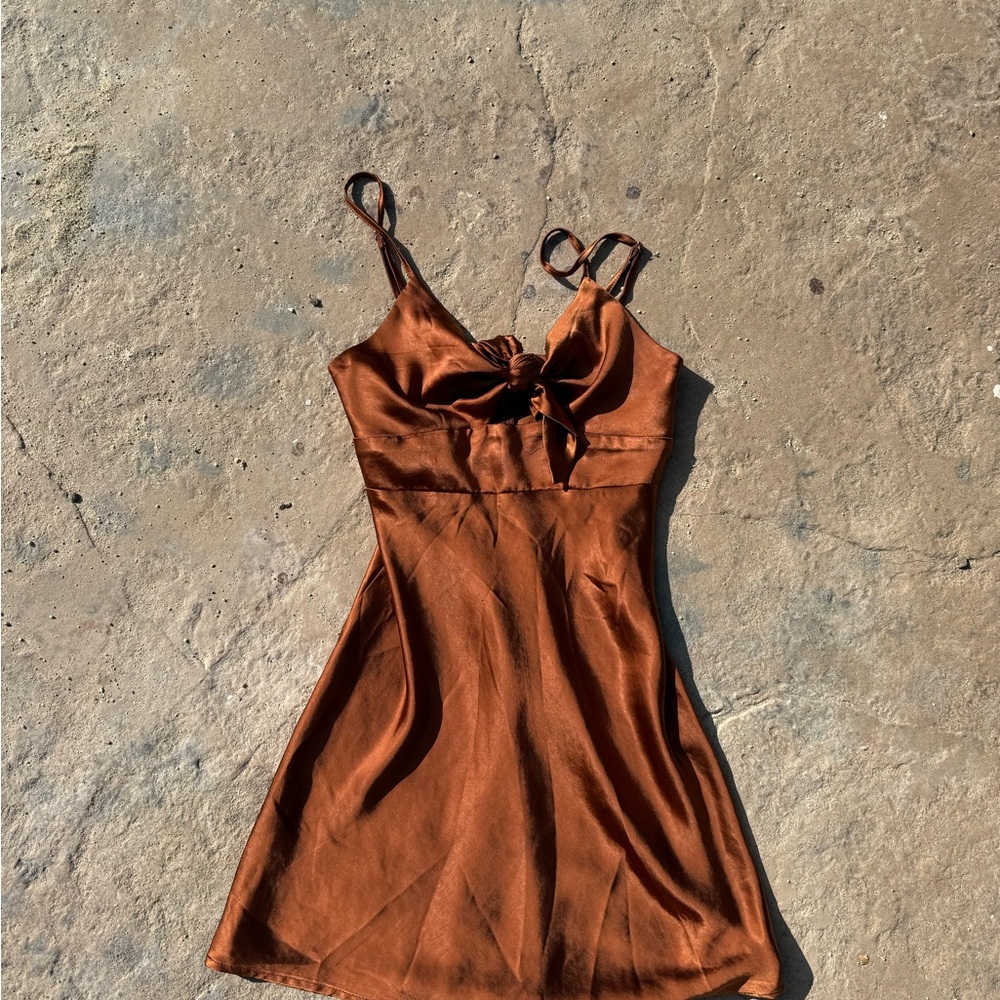 Perfect Stranger Rust Satin Bow-Front Mini Dress – Size 8